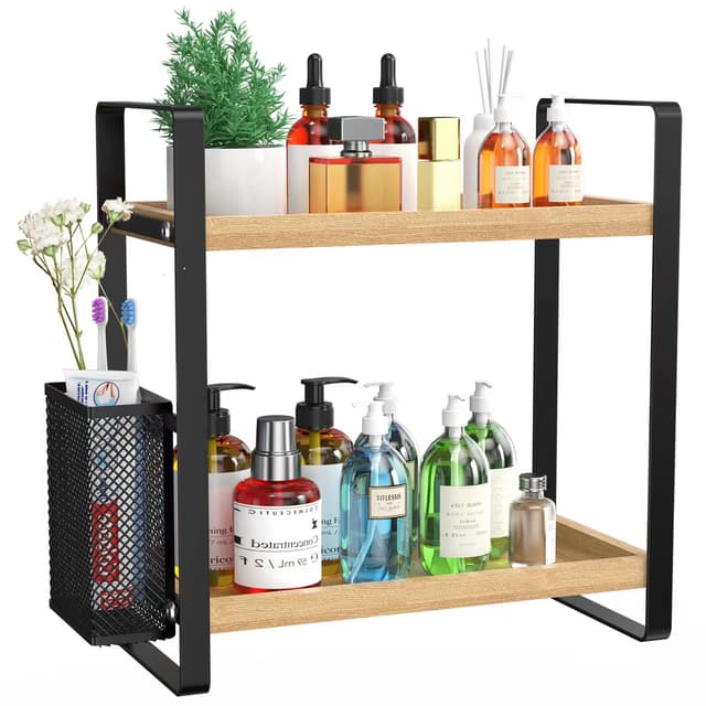 LEMIKKLE Badezimmer-Organizer mit Korb, Badezimmer-Organizer und Aufbewahrung, Hautpflege-Organizer für Schminktisch, Aufbewahrungs-Organizer für Badezimmer, Küche, Kommode Holzfarbe