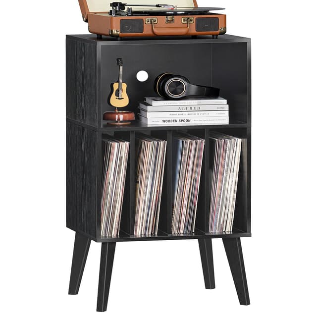 Plattenspieler-Ständer, Plattenspieler-Ständer bietet Platz für bis zu 160 Alben, Mid-Century Vinyl-Aufbewahrungshalter Tisch mit Holzbeinen, Plattenspieler-Schrank-Regal ,Schwarz, Beistelltisch