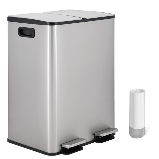 Vidacharmy Mülleimer 2 Fächer, 2 x 30L Abfalleimer Küche aus Metall, Mülltrennsystem, Doppelfach Treteimer mit Softclose Deckel und Inneneimer, Tretmülleimer mit 20 Müllsäcke, luftdicht, silbern