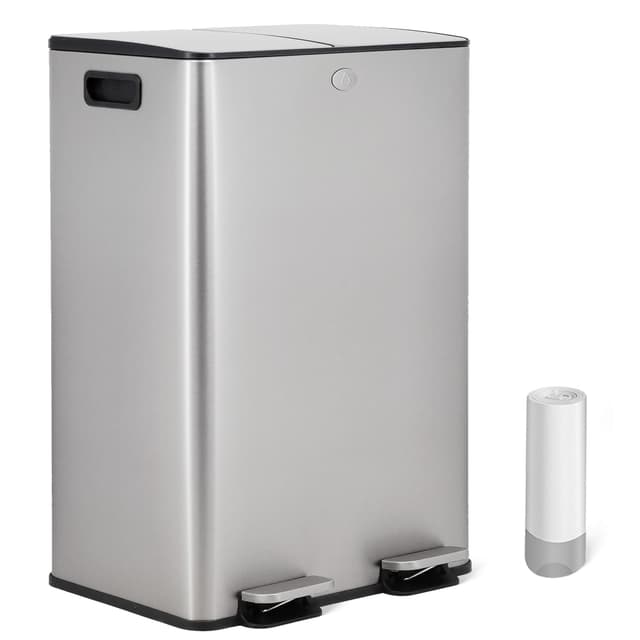Vidacharmy Mülleimer Küche, Abfalleimer 2 x 20 Liter, Mülltrennsystem 2 Fächer, inklusive 20 Müllbeutel, Stahl Abfalleimer, Treteimer mit Inneneimer, recycelbare Abfälle, Biomüll, Softclose-Deckel
