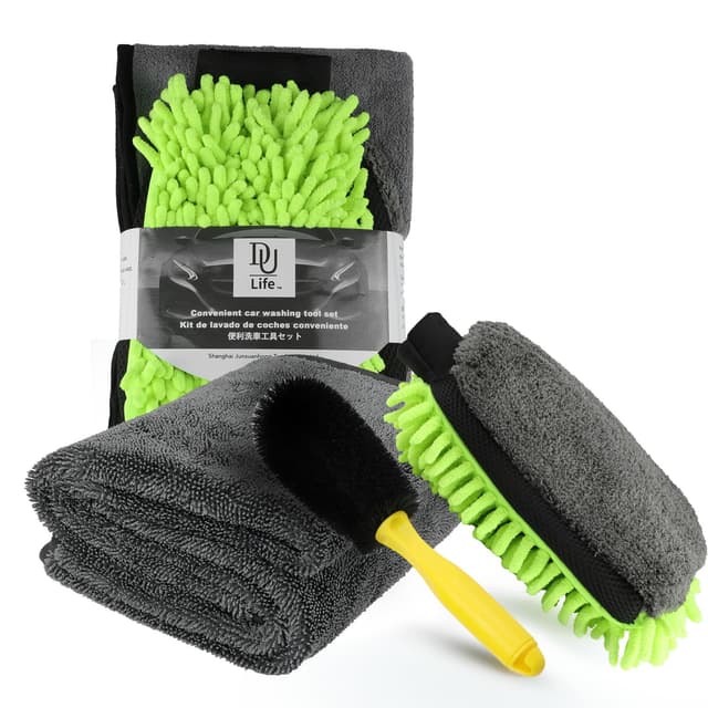 DU Life Auto Waschen Set 4-teilig - Auto Reinigungsset mit 2 Mikrofaser-Serpillern, 3-in-1 Multifunktions-Waschhandschuh & Radbürste, für Gründliche Reinigung von Fahrzeug/Velo Dark Grey Large 4