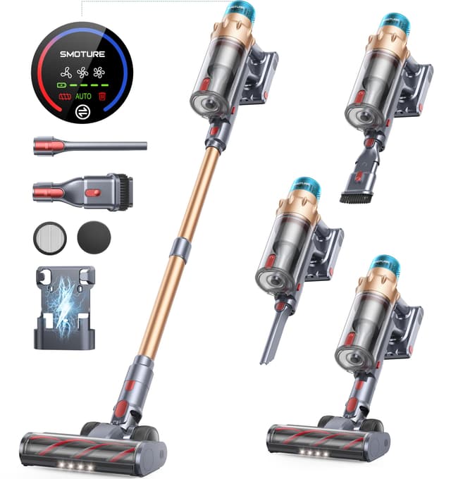 Akku Staubsauger 50KPA/600W/65Min, Selbststehender Staubsauger Kabellos mit Wandmontierte Ladestation, Automatikmodus, Anti-Tangle-Bürste, 8-Schicht-Filtration für Tierhaare/Teppiche/Hartböden/Auto Gold