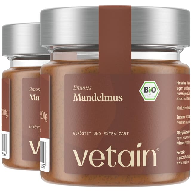 VETAIN Bio Mandelmus Cremig - 100% Bio-Mandeln - reich an Protein & Ballastoffen - ohne Zuckerzusatz & Palmöl - vegan & glutenfrei - perfekt als Topping für Müsli und Porridge (2 x 200g) 200 g (2er Pack)