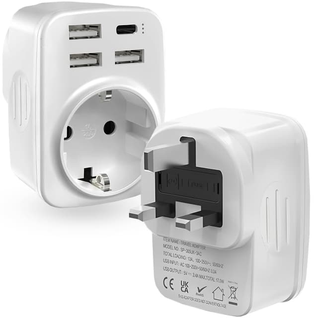 5 in1 HITRENDS Reiseadapter Steckdose mit USB-Anschlüssen, Reisestecker Adapter England Deutschland Stecker, Typ F/G Steckdose EU auf UK, Steckdosenadapter England Adapter UK Reise,weiß UK1