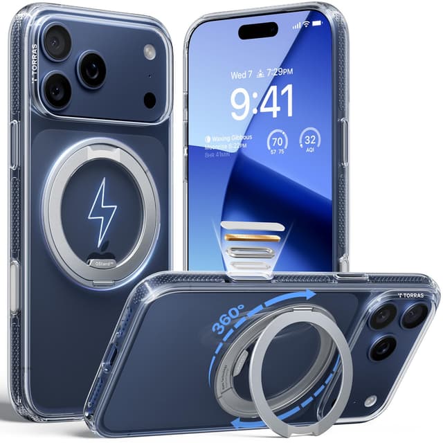 TORRAS 360° Ostand O3 Fitness für iPhone 17 Pro Hülle - Flexibler Magnetischer Ständer, Militärischer Schutz, Kompatibel mit MagSafe Hülle iPhone 17 Pro Case Dünne Stoßfest Kratzfest Transparent iPhone 17 Pro Transparent
