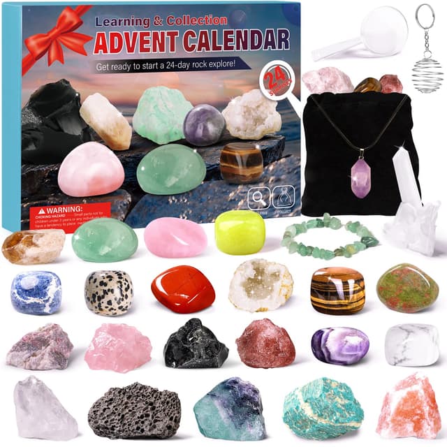 Adventskalender 2025 Kinder Kristalle,24 Tage Weihnachten Adventskalender Gesteine und Mineralien Countdown Überraschungen,Natürlichen Edelsteine Geschenk für Jungen Mädchen und Geologie Enthusiasten
