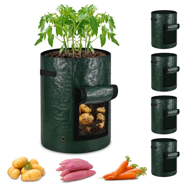 ECCOGREAT 5 X 40L Pflanzsack aus PE Material,160g/m²Tomaten Kübel Pflanzkübel mit Fenster und Starken Griffen für Kartoffeln,Tomaten,Erdbeeren,Blumen,Pflanzen und Gemüse auf dem Balkon oder im Garten 5 X 40l 5 X 40L