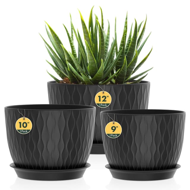 Homeuouz 3er Set Groß Breite Pflanzentopf mit Untersetzer – 30/25/22 cm Kunststoff-Blumentöpfe für Innen & Außen, mit Drainagelöchern, wasserwellige Struktur, Schwarz 12+10+9in（3Pack) Schwarz