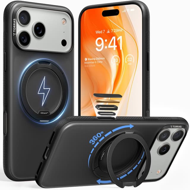 TORRAS 360° Ostand O3 Fitness für iPhone 17 Pro Max Hülle - Flexibler Magnetischer Ständer, Militärischer Schutz, Kompatibel mit MagSafe Hülle iPhone 17 Pro Max Case Dünne Griffige Kratzfest Schwarz iPhone 17 Pro Max Schwarz