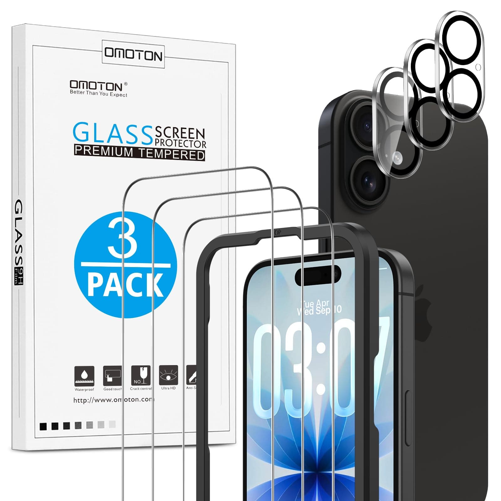 OMOTON für iPhone 17 für Panzerglas mit Rahmen-Installationshilfe, kompatibel mit iPhone 17 Kamera Schutzfolie, Anti- Kratzer, Bläschenfrei, 9H Härte Folie, 3+3 Stück iPhone 17 6,3 Zoll