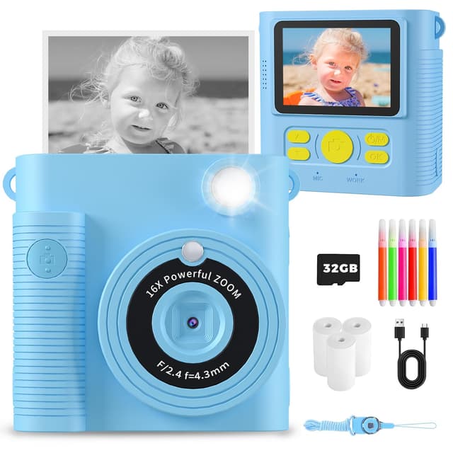 YMEDSUM Kinderkamera Sofortbildkamera,Dual Shutte Kamera Kinder Sofortdruck,1080P HD Sofortbildkamera, Kinderspielzeug Geburtstag und Weihnachten Geschenke für Jungen und Mädchen 3-12 Jahren blue