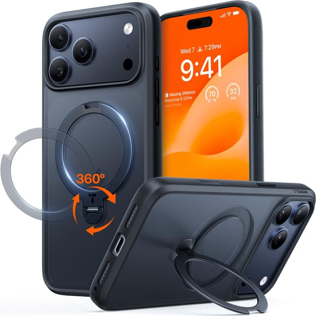 TORRAS Ostand Q3 Spin für iPhone 17 Pro Hülle (360° Stabilen Ständer für Magsafe) Militärschutz Case mit Kamera-Tastenschutz Schlank Kratzfeste Matt Rückseite Handyhülle für iPhone 17 Pro Schwarz