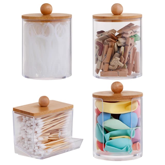 4 Stück Wattestäbchen Behälter,Cotton Buds Container Dispenser,Make-up-Organizer-Set,Wattepadspender zur Aufbewahrung im Schlafzimmer, Bad und Wohnzimmer (Bambusabdeckung)