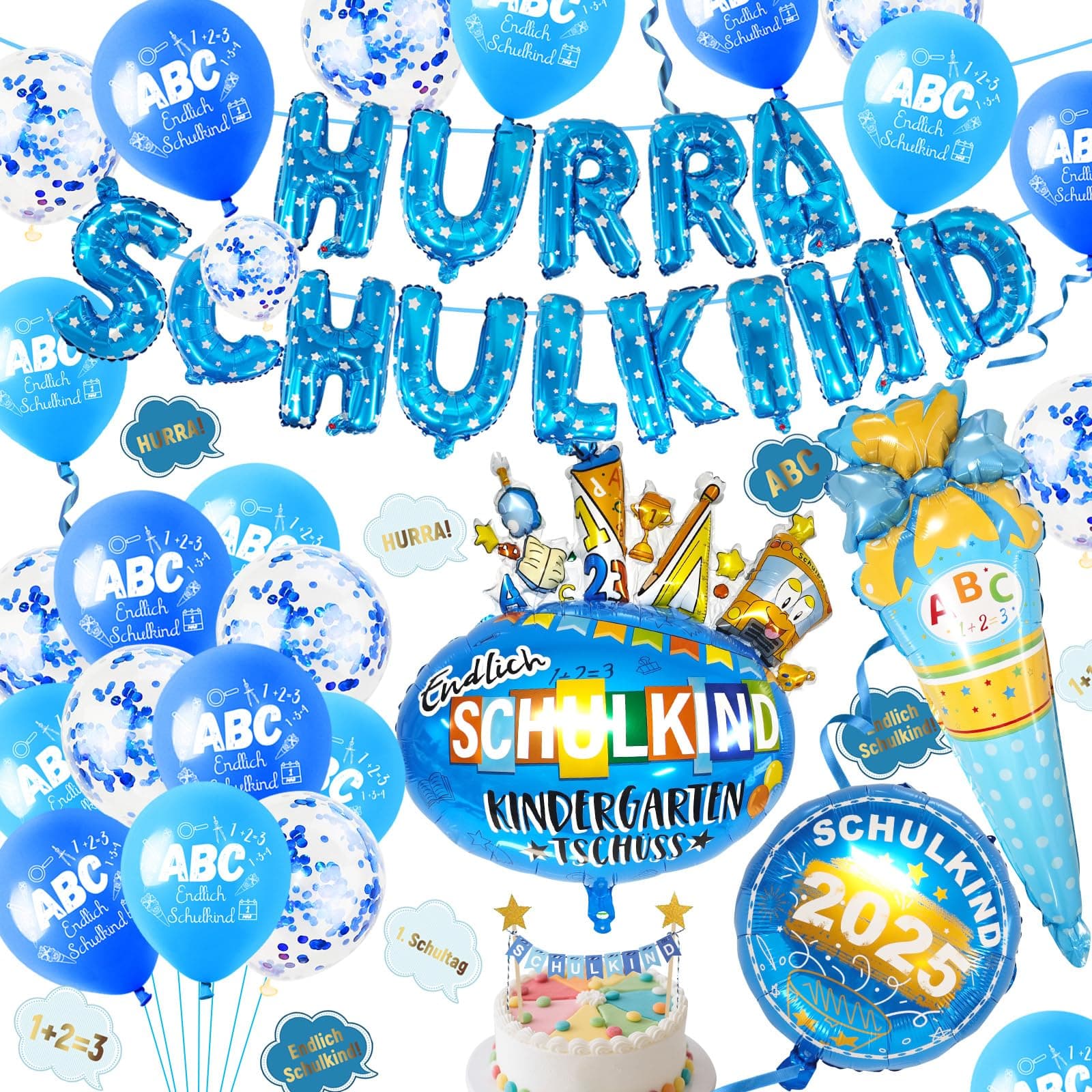 Deko Einschulung Junge 2025, Schulanfang Deko mit Zuckertüte Folienballon, SCHULKIND Luftballon, ABC Luftballons, SCHULKIND Banner und SCHULKIND Girlande, Streudeko Einschulung Geschenk Blau