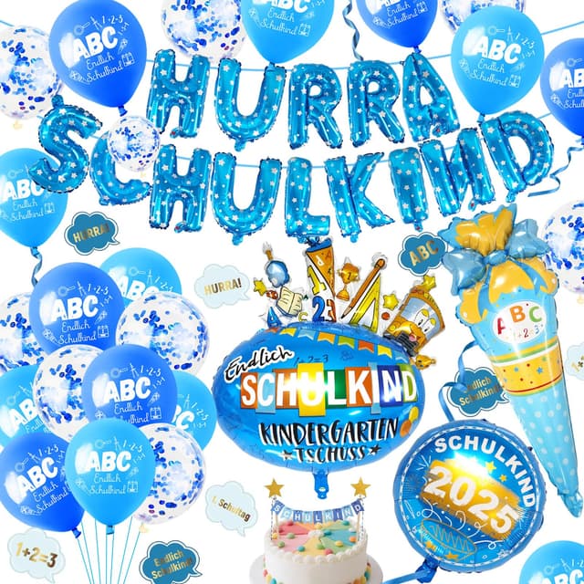 Deko Einschulung Junge 2025, Schulanfang Deko mit Zuckertüte Folienballon, SCHULKIND Luftballon, ABC Luftballons, SCHULKIND Banner und SCHULKIND Girlande, Streudeko Einschulung Geschenk Blau
