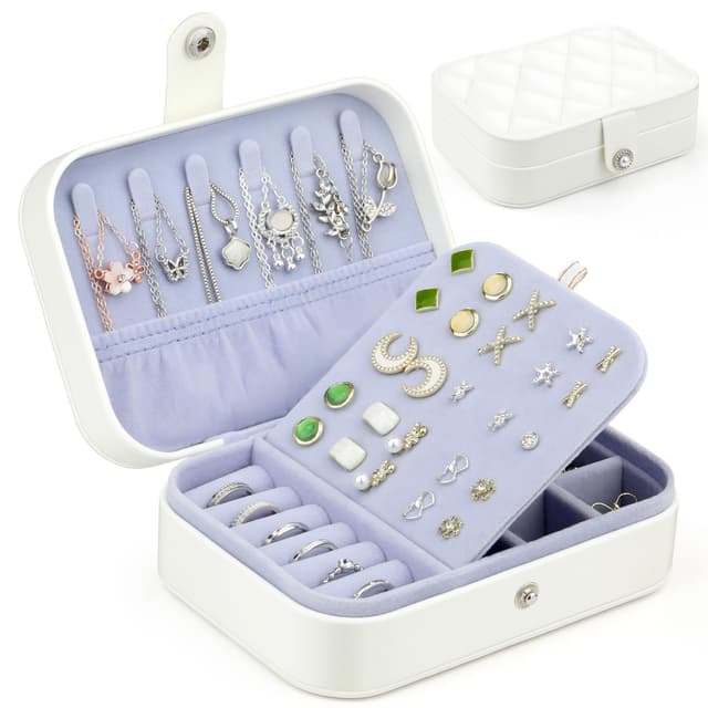 GlasFlength Schmuckkästchen Klein für Frau, Tragbar Schmuckaufbewahrung PU-Leder Jewelry Organizer Doppelschicht Schmuckaufbewahrung Reise für Ohrringe Ringe Ohrstecker Kette (Weiß)