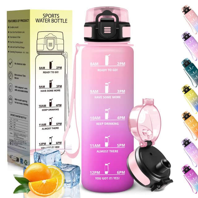 HoneyHolly Trinkflasche 1L, Zeitmarkierung, Wasserflasche, Auslaufsicher, Trinkflasche Kohlensäure Geeignet, Wiederverwendbar, Water Bottle für Fitnessstudio, Radfahren, Büro, Outdoor, Sportflasche Pinkrose - 1000ml 1000 ml