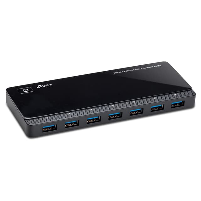 TP-Link UH720 7-Port USB 3.0 HUB + 2 Ladeports (2,4A) für Tablet und Smartphone, inklusive Netzadapter und USB 3.0 Kabel, bis zu 5 Gbit/s, Hot Swapping, unterstützt Windows, Mac OS, Linux, schwarz 7 x USB + 2 Ladeports