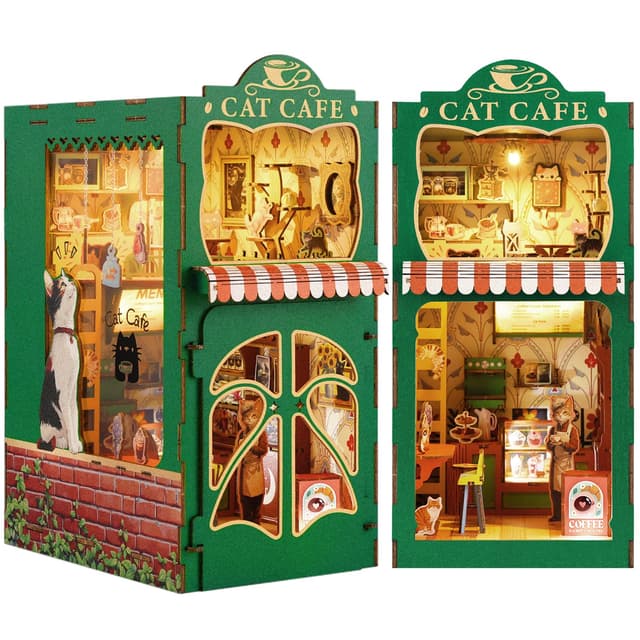 DIY Book Nook Kit,3D Holzpuzzle Miniatur Booknook Bücherregal Dekor mit LED-Beleuchtung,Bastelset Erwachsene,DIY Puppenhaus Holz Haus Kit(Kaffeehaus der Katze)