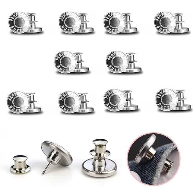 10 Stück Jeans Knöpfe Ohne Nähen, 17mm Button Pins, Hosenknöpfe Zum Stecken, DIY Jeansknopf, Hosen Enger Machen, zum Erweitern oder Reduzieren der Hosengröße Silber