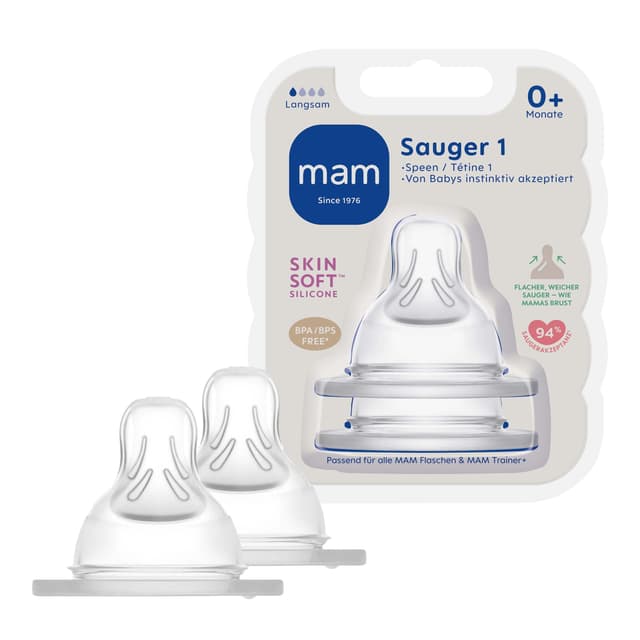 MAM Sauger Größe 1 im Doppelpack, Flaschensauger (Durchflussrate langsam), weicher Trinksauger passend für Flaschen/Trainer, ab der Geburt 2 stück (1er Pack) 2 Stück (1er Pack)
