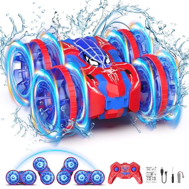 fygurso wasserdichtes Fernsteuerungsauto, 4WD amphibisches 2.4 GHz RC-Auto Fernsteuerungsboot, 360° Drehung RC-Kunstfahrzeug mit LED-Lichtern, Jungen- und Mädchengeschenk für alle Gelände(Rot)