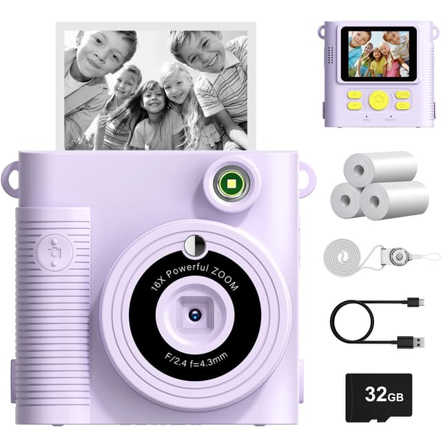 FNITAER Kinderkamera, 2,4 Zoll Sofortbildkamera, 1080P HD Kamera fotokamera mit 32 GB Karte und 3 Rollen Druckfotopapier, Kamera Kinder für 3–12 Jahre alte Jungen und Mädchen purple