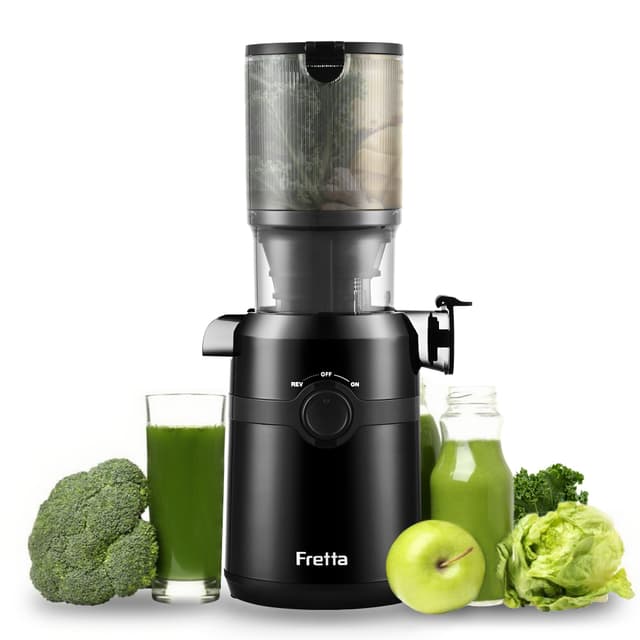 Fretta Entsafter,Slow Juicer mit 108MM Breite und Größere Fütterungsröhre,1L Füllvolumen für ganze Gemüse und Obst,BPA-frei Tritan-Material Entsafter,Einfacher Installation,Einfache Reinigung,200W 1L Dark Black