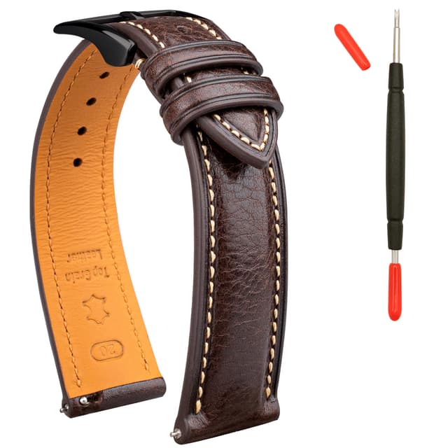 Gomvadr Leder Uhrenarmband pflanzlich gegerbtes Lederarmband, Uhrenarmband 20mm Leder, 16 18 19 20 XL 21 22 XXL Schnellspanner-Ersatzarmbänder Kaffee / Schwarze Schnalle 20mm-XL