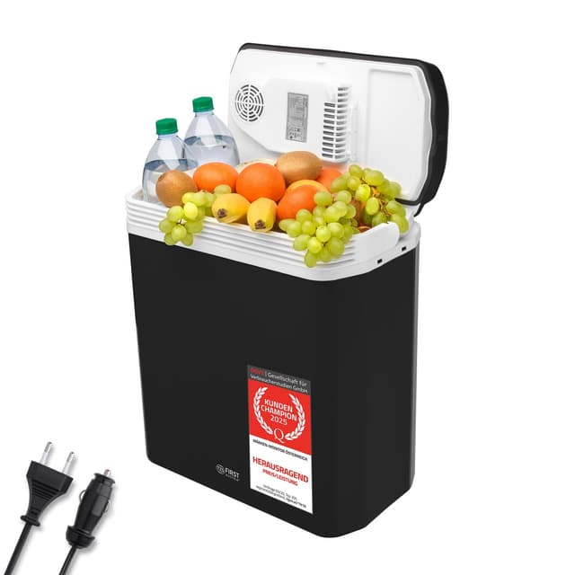 TZS First Austria - Kühlbox 24L elektrisch 12V 230V Anschluss für Auto & Steckdose - Thermoelektrische Cool Box kühlt & wärmt - Mini Kühlschrank mit Griff - Für Camping, Festivals, Reisen - Schwarz Schwarz/Weiß