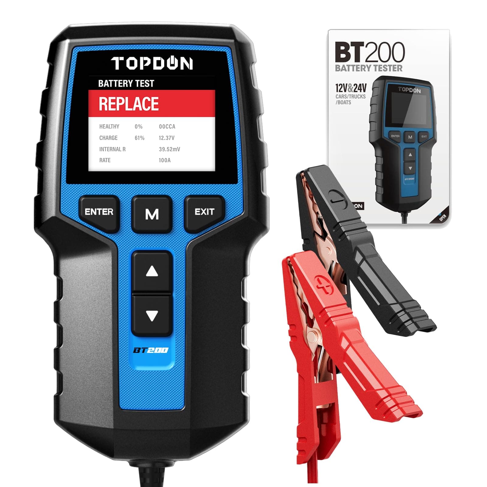 TOPDON Autobatterie Tester BT200, 12V 24V batterietester kfz 100-2000 CCA, batterie tester auto Lade-Anlasser-System Autoatterie analysator für LKW Schiff SUV Boot