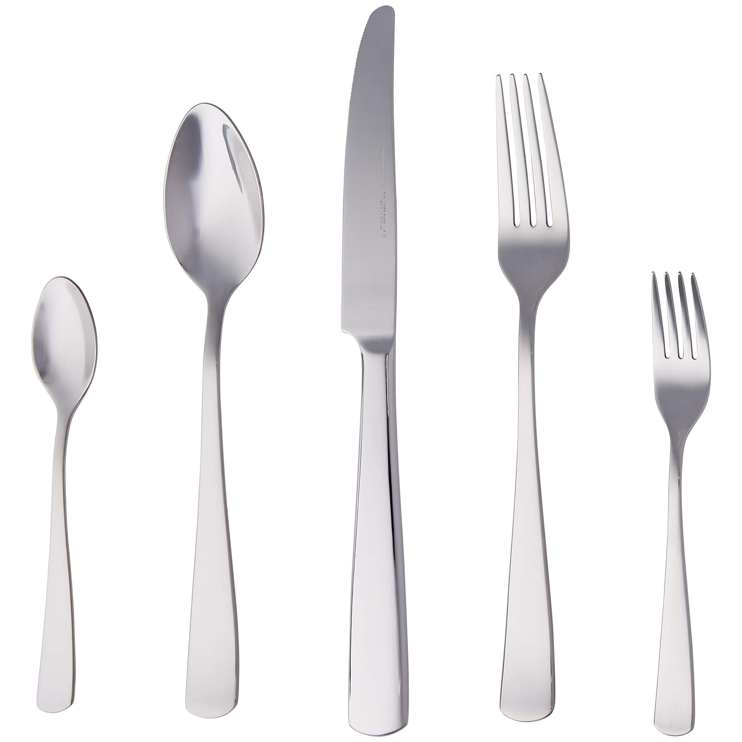 Amazon Basics Essbesteck-Set mit Eckiger Rand, Edelstahl, 20 Stück Set, für 4 Personen, Silberfarben Gerades Design