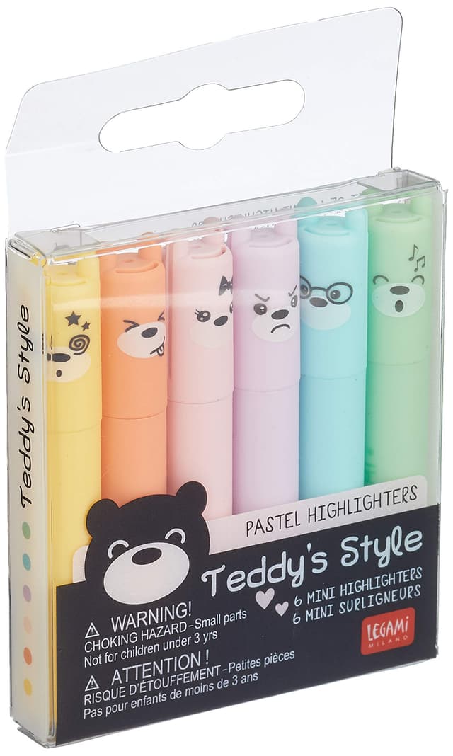 Legami - Teddy's Style, Set mit 6 Mini-Textmarkern, 1 x 7,5 cm, Gelb, Pfirsich, Rosa, Lila, Hellblau, Hellgrün, zum präzisen Unterstreichen und Markieren, Mehrfarbig 2 Mehrfarbig 2 Single