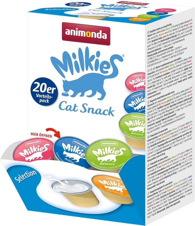 animonda Milkies Selection (20 Cups à 15 g), leicht verdauliche Katzenmilch für Erwachsene Katzen, praktisches Vorteilspack mit 20 Katzenmilch Cups, Milch-Snack ohne Soja und Zucker Selection 300 g (1er Pack)