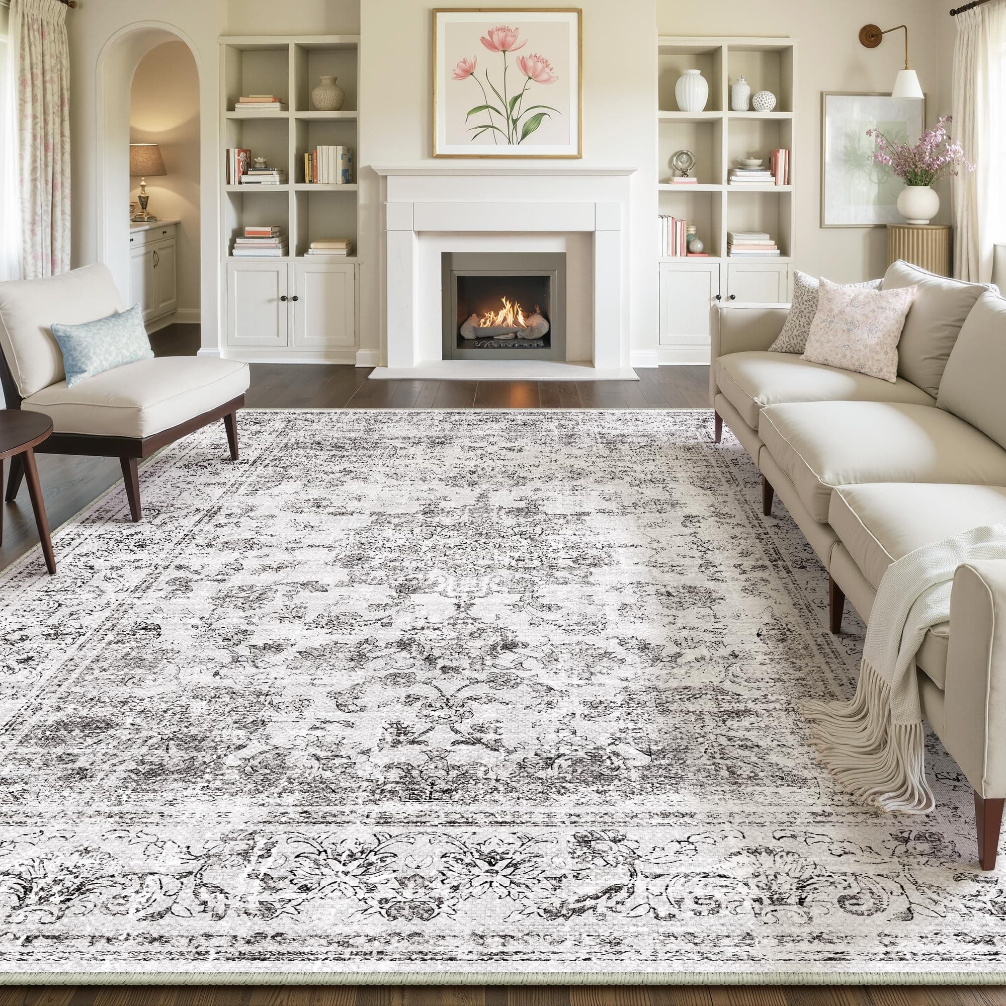 PureCozy Teppich Wohnzimmer Grau 240x300cm Waschbarer Vintage Wohnzimmerteppich Schlafzimmer Kurzflor Weich rutschfest Groß Carpet Living Room Esszimmer Bedroom Büro Teppiche Tabaria | Grau 240 x 300 cm (Rechteckig)