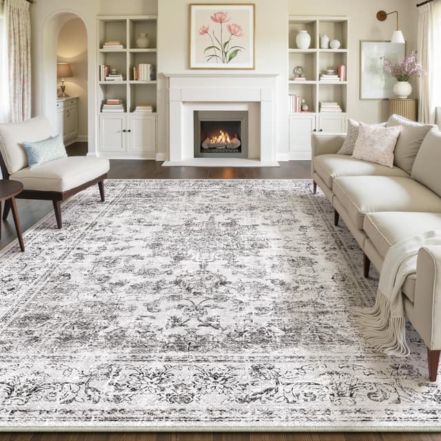 PureCozy Teppich Wohnzimmer Grau 240x300cm Waschbarer Vintage Wohnzimmerteppich Schlafzimmer Kurzflor Weich rutschfest Groß Carpet Living Room Esszimmer Bedroom Büro Teppiche Tabaria | Grau 240 x 300 cm (Rechteckig)