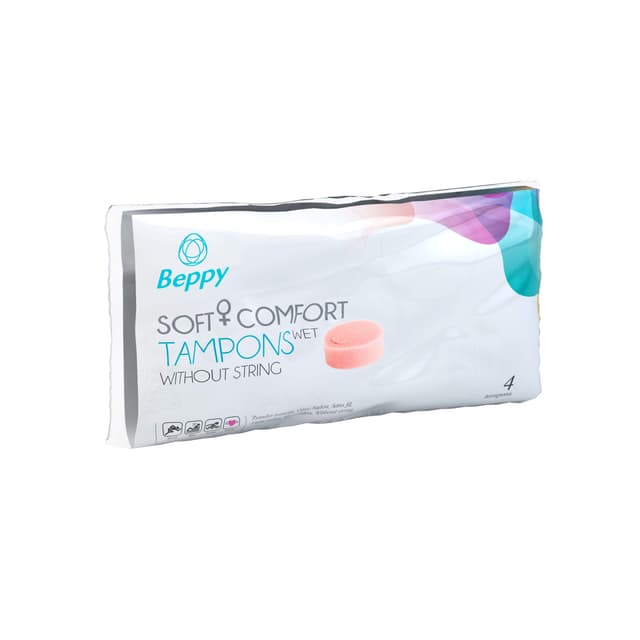 Beppy WET 4 Stück in der Box - einzeln hygienisch verpackt, feucht, ohne Faden - Soft + Comfort Tampons/Schwamm tampons, für mehr Freiheiten während der Periode (Liebe, Sauna, Sport, Schwimmen)