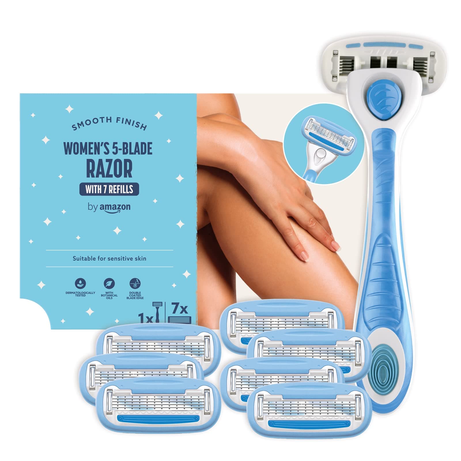 by Amazon für Damen, 5-Klingen Rasierer, 7 Nachfüllpackungen, Blau 1 Rasierer + 7 Nachfüllungen 1 stück (1er Pack)