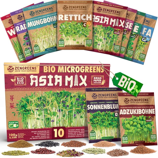 ZenGreens® - Bio Sprossen Samen im Asia-Mix Set - Keimsprossensamen - 10 asiatische Sprossen Sorten - leichte Anzucht im Sprossenglas oder Anzuchtschale - Microgreens Samen Mix - 10er Set 10x Sprossen (Asia)