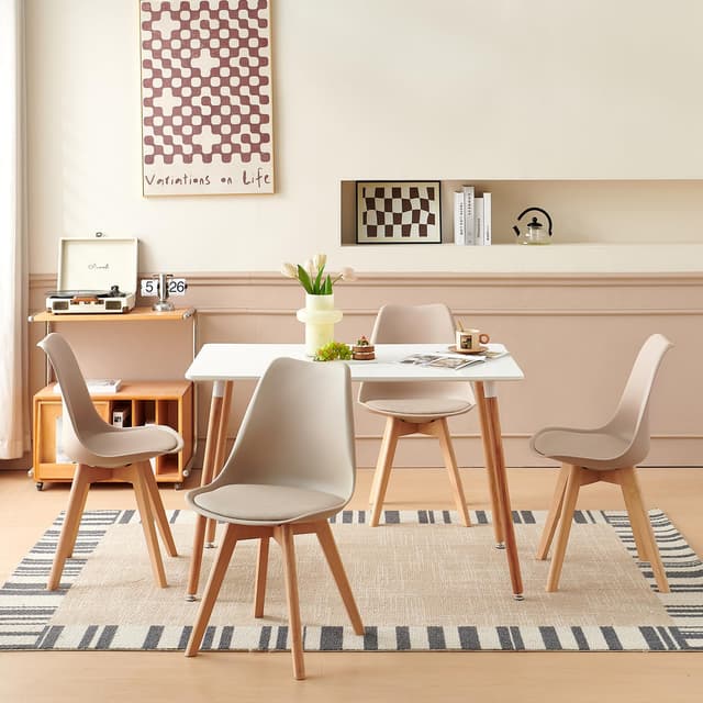 H.J WeDoo Esszimmergruppe Esstisch mit 4 Stühlen Essgrupp, Rechteckig Weiß Küchentisch und 4er Set Esszimmerstühle Sitzgruppe für Wohnzimmer Küche Büro(110x70cm Tisch+4 Khaki Stühle) Weiß Tisch-110CM 4 Khaki Stühlen
