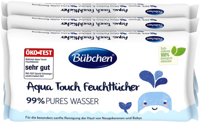 Bübchen Aqua Touch Feuchttücher, 144 Stück (3 x 48) – sensitive Pflegetücher mit 99% purem Wasser, feuchte Tücher für Neugeborene und Babys 144 stück (1er Pack)