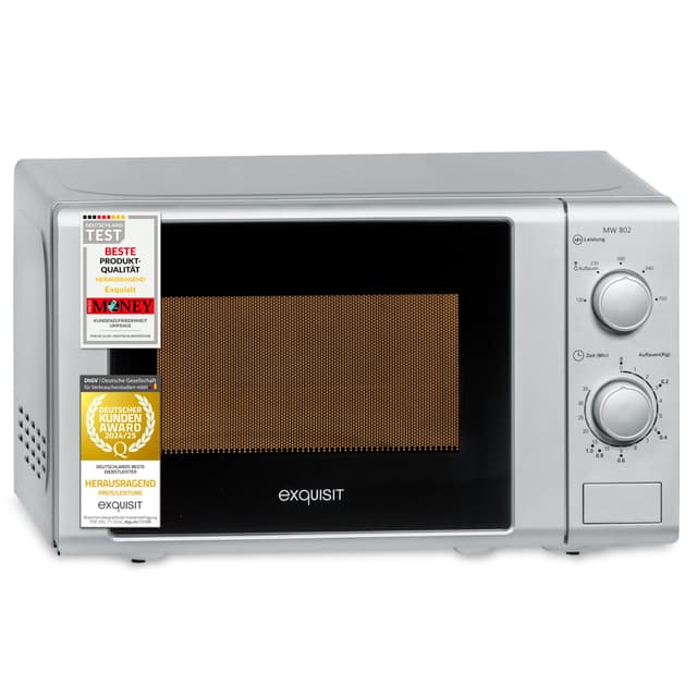 Exquisit Mikrowelle 20L, 700 Watt, Einfache Bedienung, 25,5cm Drehteller, 5 Leistungsstufen, Timer, Auftaufunktion, 2 Drehregler, MW 802 silber