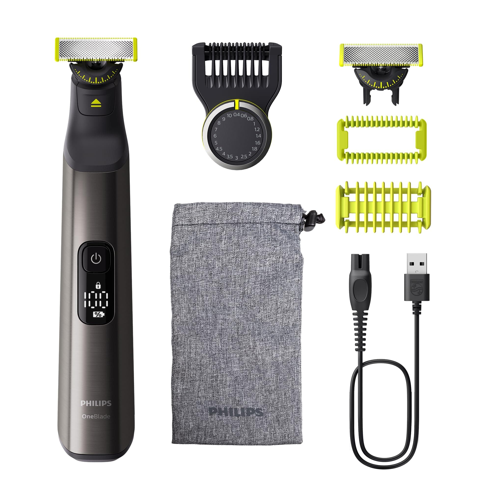 PHILIPS OneBlade Pro 360 Face & Body - elektrischer Rasierer, Trimmer & Bodygroomer, 2x 360 Klingen, Präzisionskamm, 2x Körperaufsätze, Reisetasche, für Gesicht & Körper (QP6552/30) inkl. 2 x 360 Klingen, Body-Kit & Reisetasche