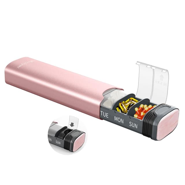 Serfeymi Tablettenbox 7 Tage - Metall Medikamentenbox, Pillendose, Tabletten Organizer(Ersatzdichtung enthalten),Pillenbox,Dispenser Medikamente für Pill, Supplement mit individuellem Deckel-Rosa Mit Deckel 16.5CM*5CM*3.3CM Rosa