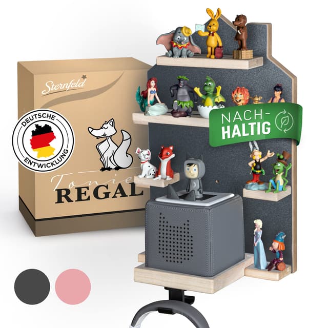 STERNFELD Magnetisches Nachhaltiges Tonie Regal für Hörfiguren - Vormontiertes Toniebox Regal - [43x28cm] - Kinderzimmer - Regal mit abgerundeten Ecken Grau für 32 Tonies