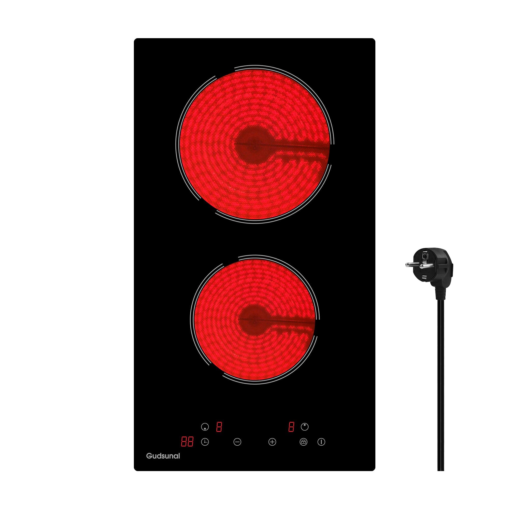 Gudsunal Kochfeld 2 Platten Glaskeramikkochfeld mit Stecker, 3000W, 9 Heizstufen, 1-99 Minuten Timer, Touch-Steuerung, Automatische Abschaltung, Kindersicherung,mattes Schwarz Schwarz 29 cm-2 Platten