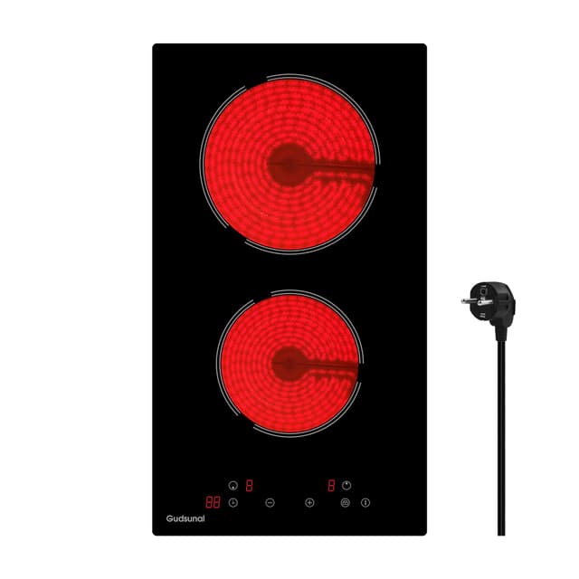 Gudsunal Kochfeld 2 Platten Glaskeramikkochfeld mit Stecker, 3000W, 9 Heizstufen, 1-99 Minuten Timer, Touch-Steuerung, Automatische Abschaltung, Kindersicherung,mattes Schwarz Schwarz 29 cm-2 Platten