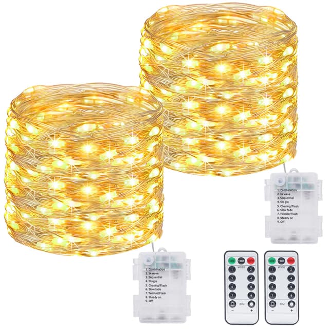 kolpop 2 Stück Lichterkette Batterie, 12M 120 LED Lichterkette mit Fernbedienung und Timer, Wasserdicht 8 Modi Lichterkette Draht für Außen Innen Party Hochzeit Weihnachtsbaum Deko, Warmweiß 2 Stück Warmweiß