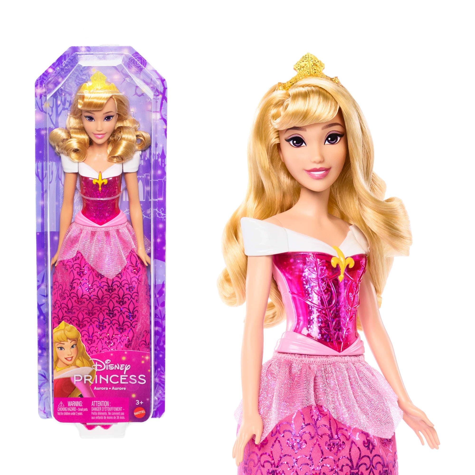 Mattel DISNEY Prinzessin Aurora - Puppe mit typischem Outfit, abnehmbaren Schuhen und Diadem, glitzerndes Oberteil und abnehmbarer Rock mit Muster, lange Haare zum Frisieren, HLW09 Mehrfarbig