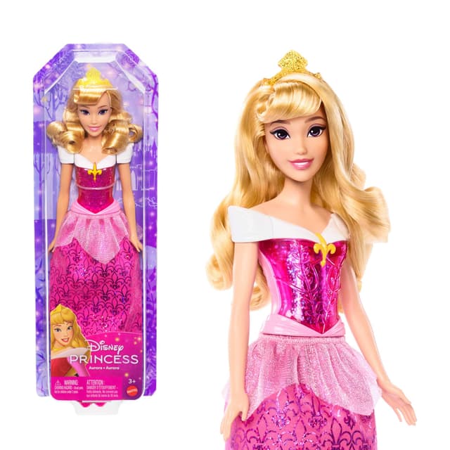 Mattel DISNEY Prinzessin Aurora - Puppe mit typischem Outfit, abnehmbaren Schuhen und Diadem, glitzerndes Oberteil und abnehmbarer Rock mit Muster, lange Haare zum Frisieren, HLW09 Mehrfarbig